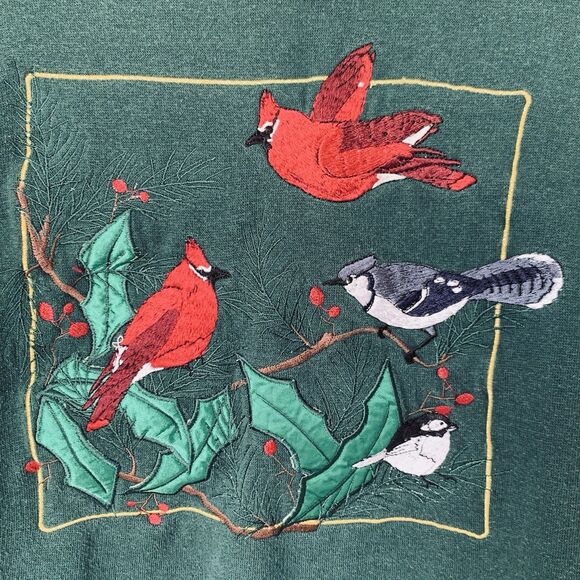 VTG Nature Birds Sweatshirt  XL* Forest Green Embroidered Cardinals Christmas - Picture 4 of 8